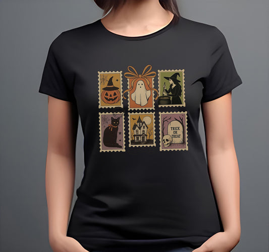 Halloween clip art with Ghost, Witch and Graveyards png file, Halloween Postage Stamp Design,