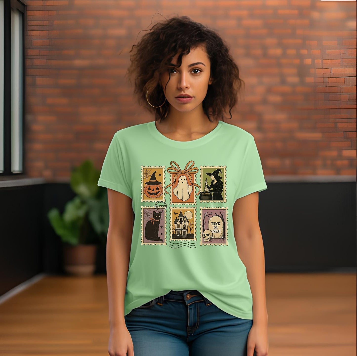 Halloween clip art with Ghost, Witch and Graveyards png file, Halloween Postage Stamp Design,