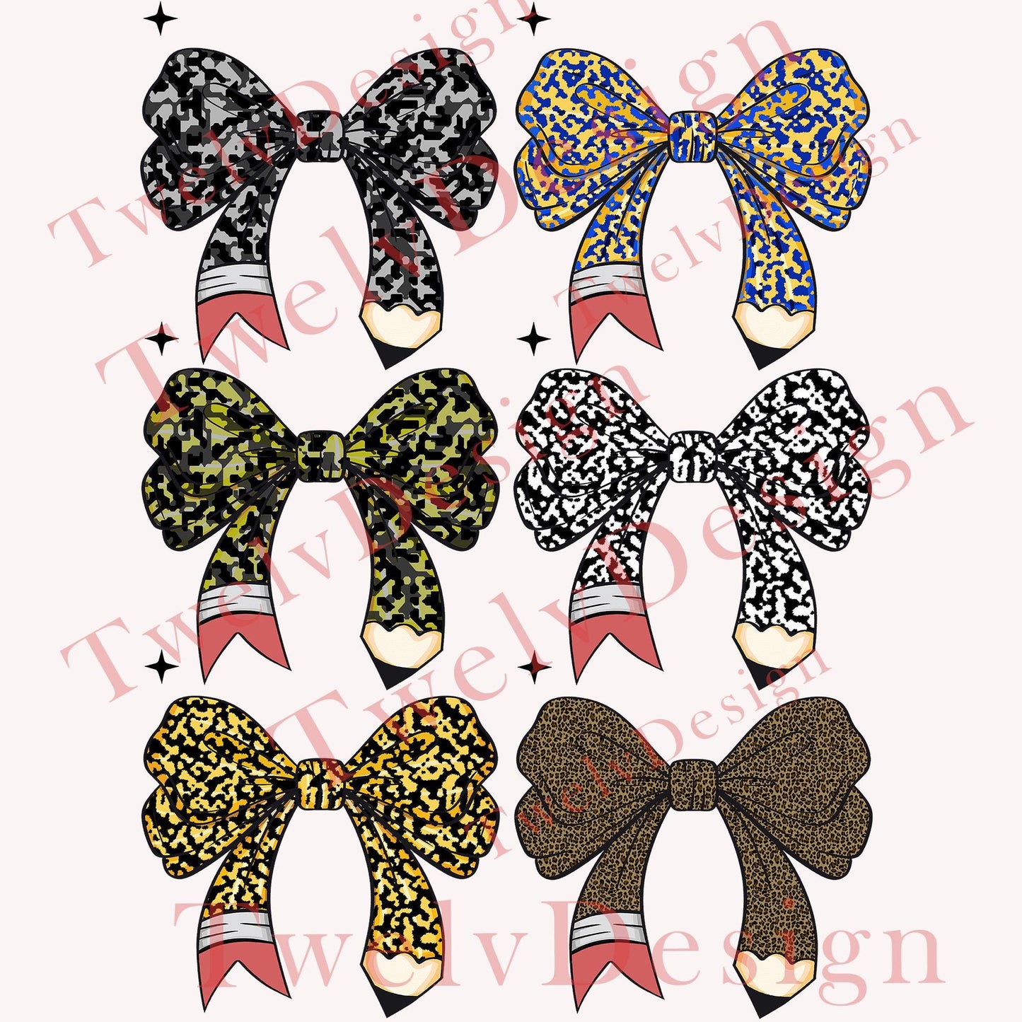 Coquette Pencil Bow png, Teacher Pencil Bow png, Design Bundle PNG/SVG, 6 Pencil Bow pngs, Pencil Coquette design for shirts and and more