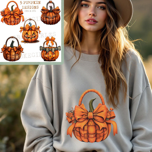 Pumpkin png bundle, 5 Pumpkin Basket Design sublimations, Fall Pumpkin Clipart, Digital Download Thanksgiving png, Halloween Pumpkin Basket