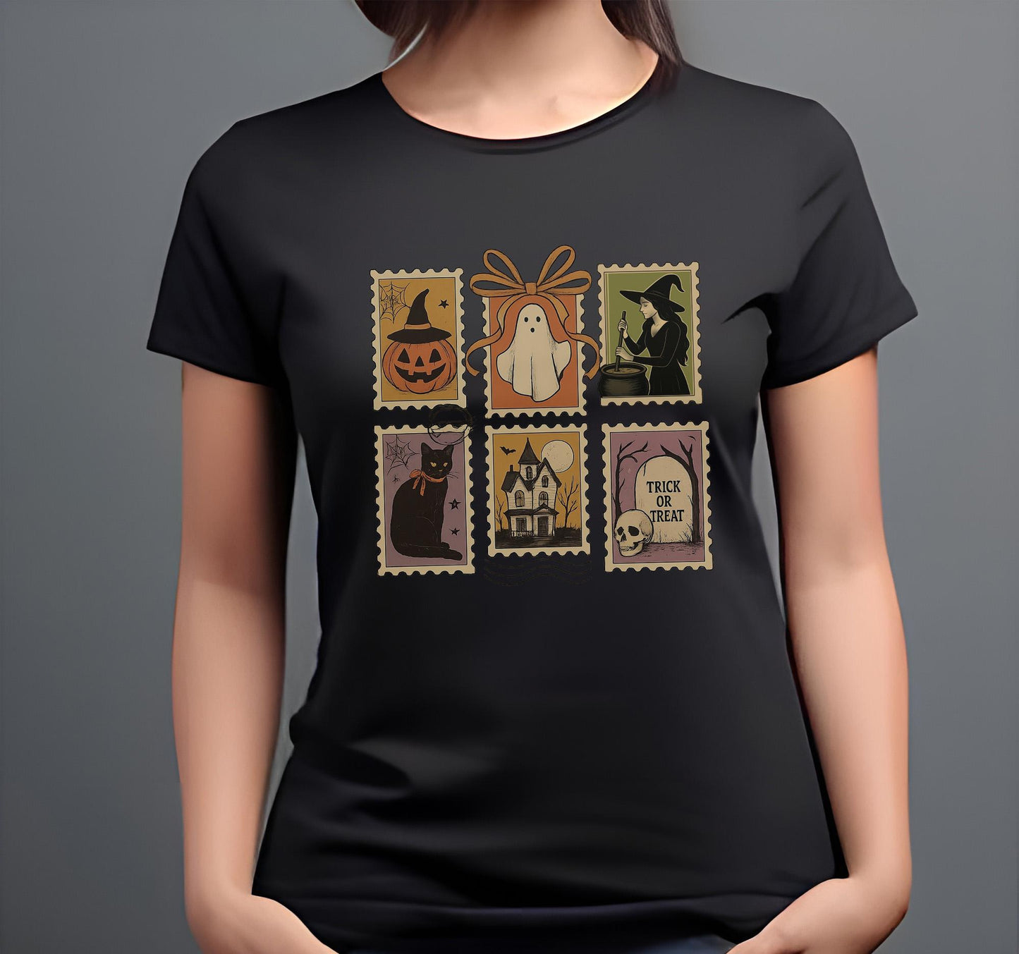 Halloween clip art with Ghost, Witch and Graveyards png file, Halloween Postage Stamp Design,