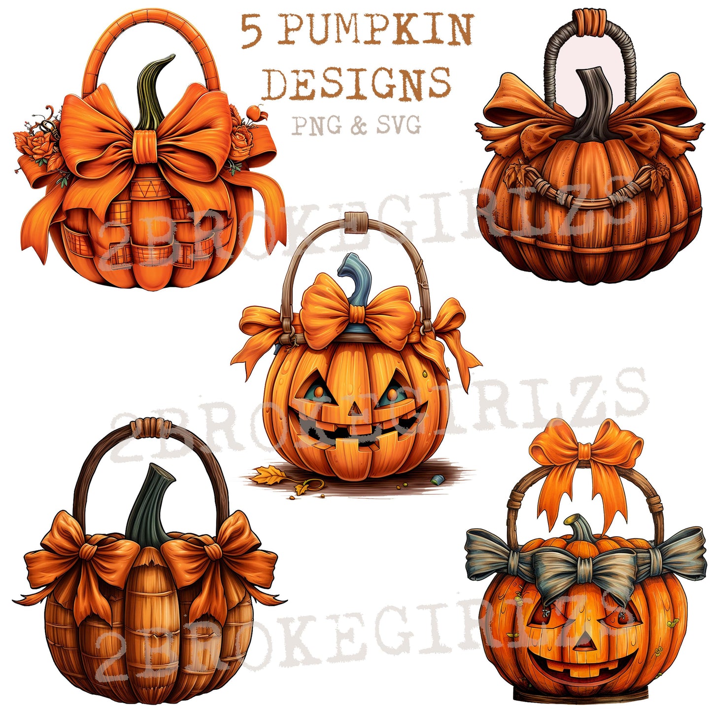 Pumpkin png bundle, 5 Pumpkin Basket Design sublimations, Fall Pumpkin Clipart, Digital Download Thanksgiving png, Halloween Pumpkin Basket