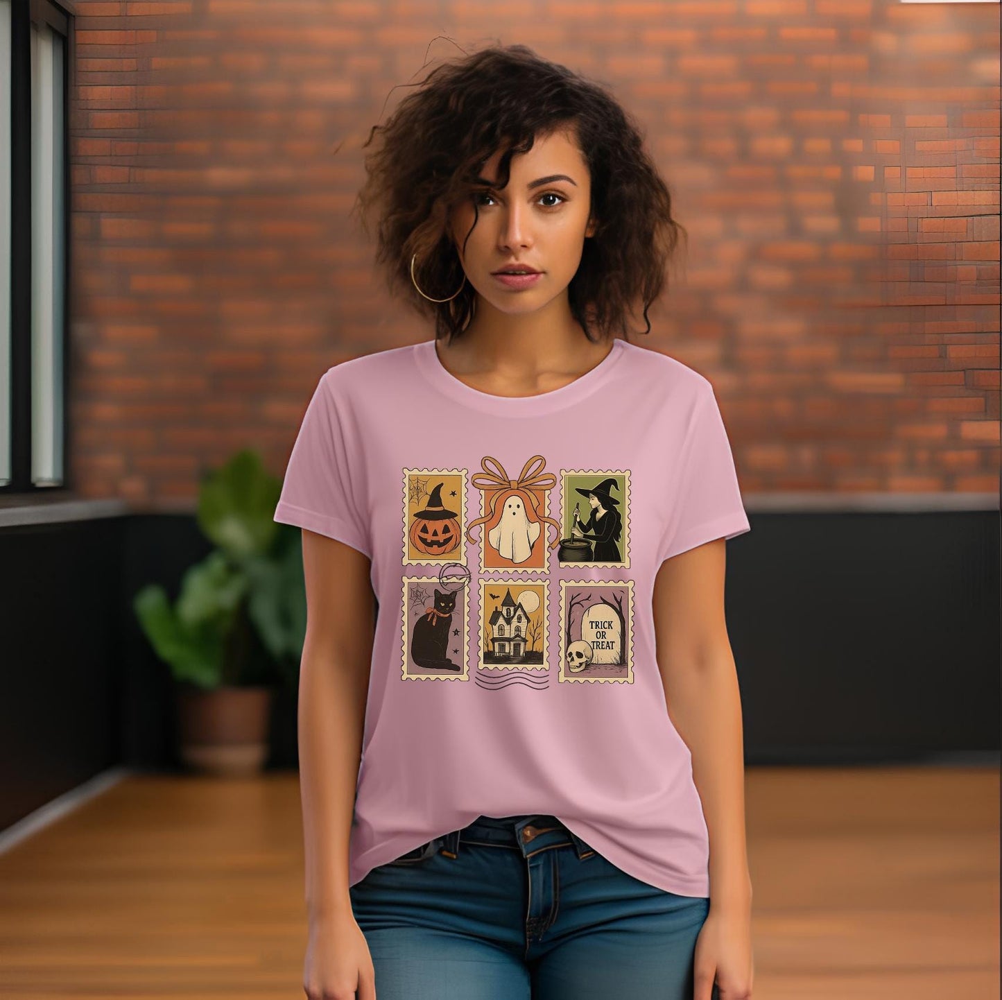 Halloween clip art with Ghost, Witch and Graveyards png file, Halloween Postage Stamp Design,