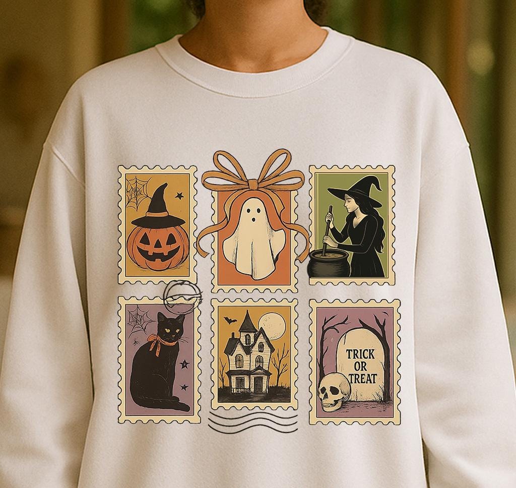 Halloween clip art with Ghost, Witch and Graveyards png file, Halloween Postage Stamp Design,